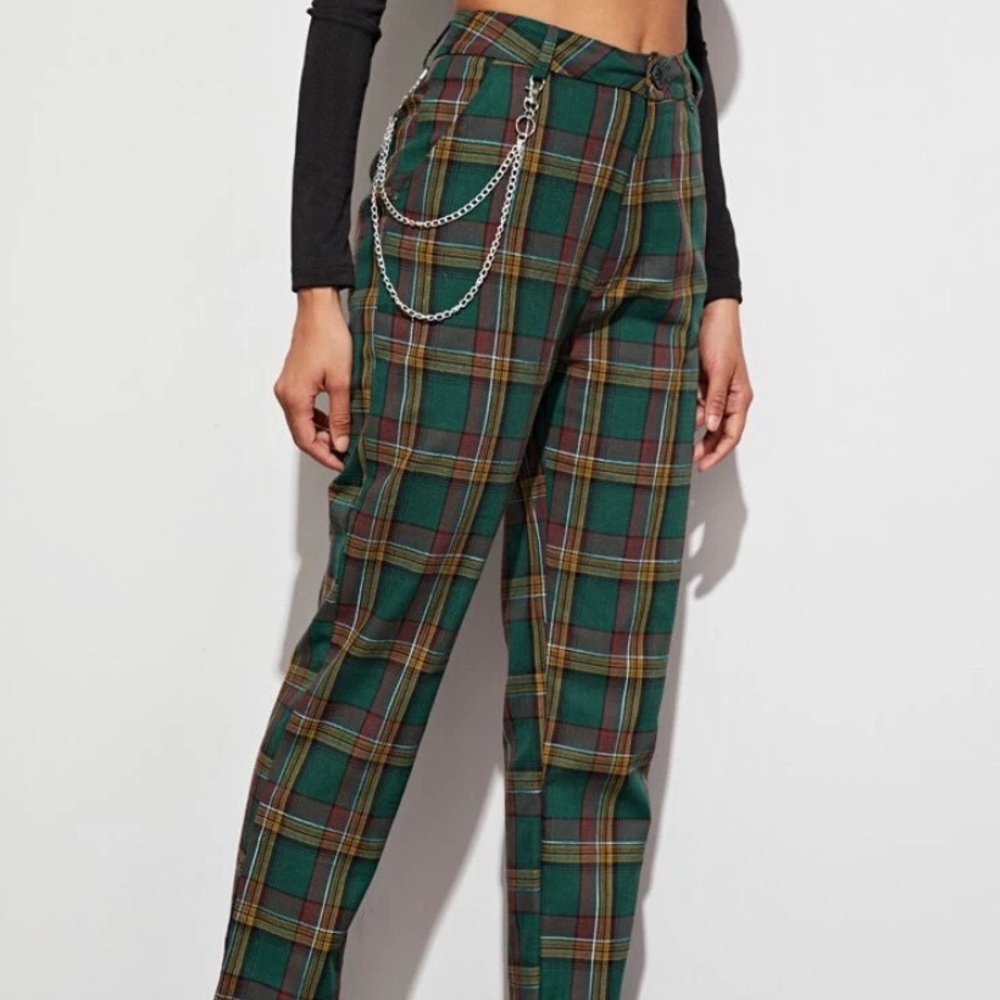Chain Detail Tartan Plaid Pants